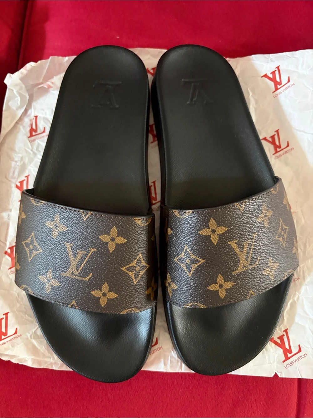 Louis Vuitton Monogram Slide Sandals in Brown & Black